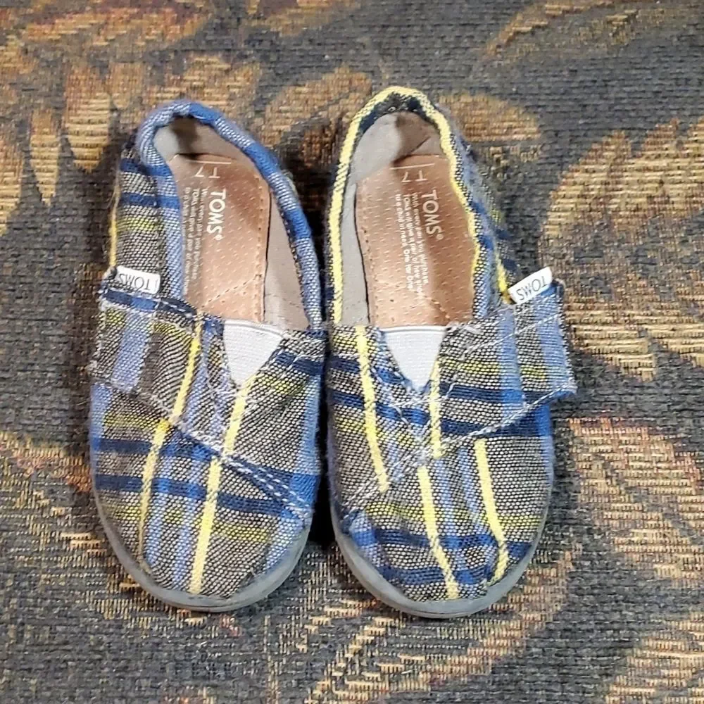 TOMS Grey, Blue and Yellow Plaid Velcro Infant Shoes Size T 7